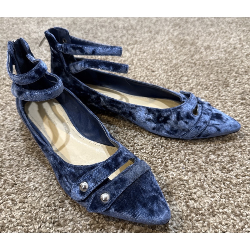 Marc Fisher Velvet Womens Size US 7.5 M Blue Ballet Flats Strappy Slip On Shoes